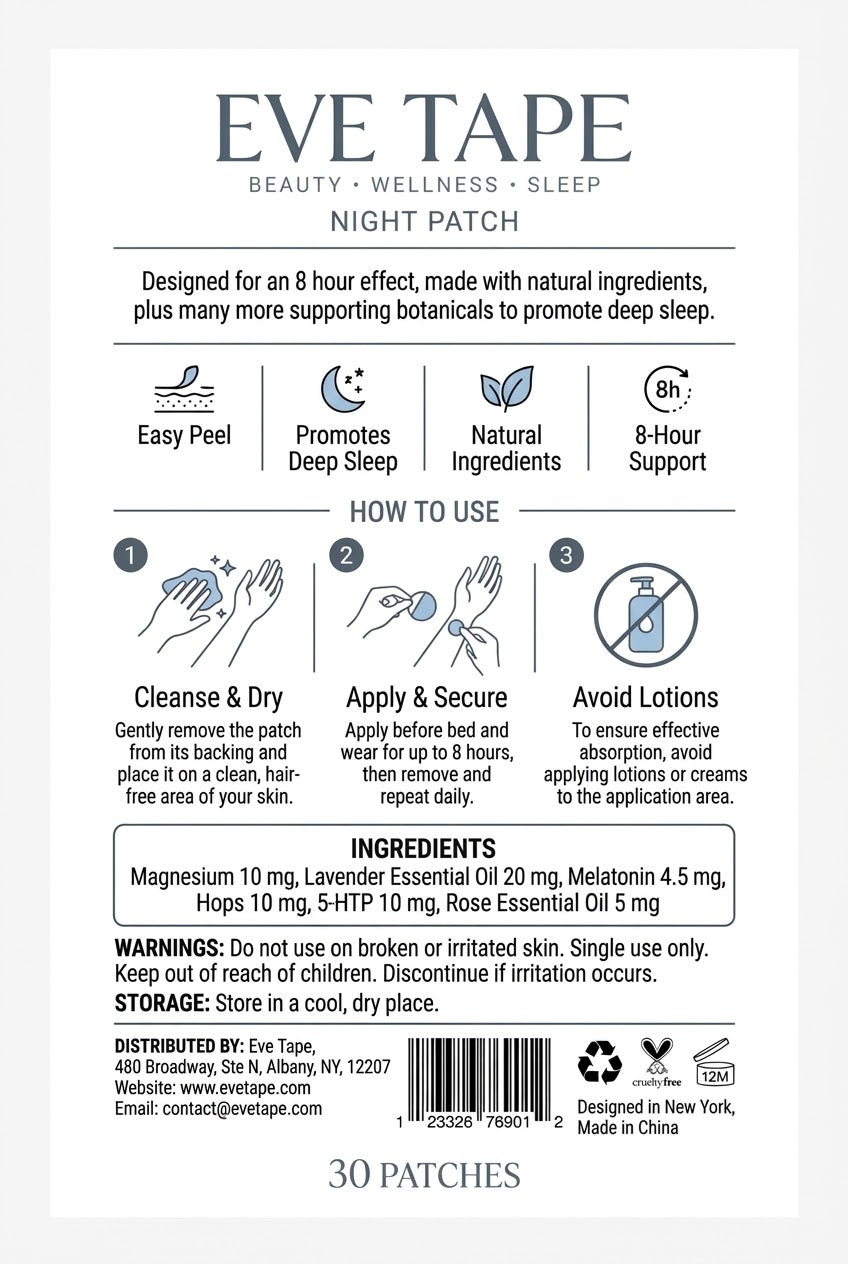 EVE Tape Sleep Patch shown on skin, designed for improved sleep support with discreet, adhesive patch application.