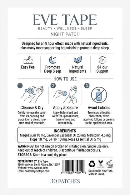 EVE Tape Sleep Patch shown on skin, designed for improved sleep support with discreet, adhesive patch application.