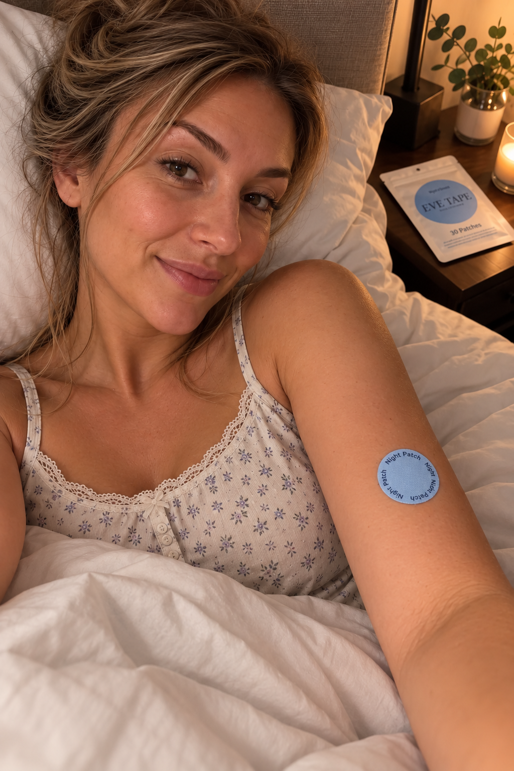 EVE Tape Sleep Patch shown on skin, adhesive patch designed to promote restful sleep with discreet, comfortable application.