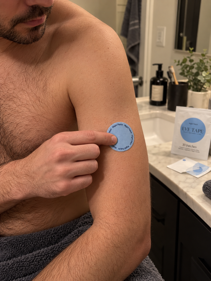 EVE Tape Sleep Patch shown on skin, adhesive patch designed to promote restful sleep and relaxation.