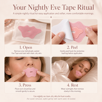 EVE TAPE Hydrating Beauty Mouth Tape applied on lips, showcasing a clear, skin-friendly mouth tape for hydration and facial care.